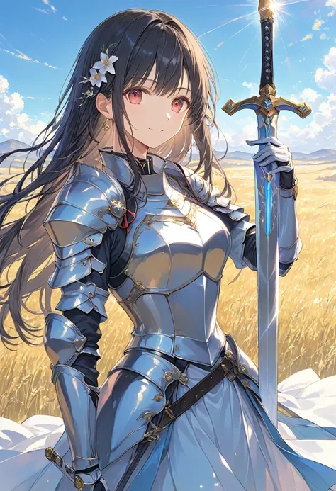 A woman with a sword,Hero,pastel,smile,happiness,Red eyes,Shining Eyes,Black Hair,Long Hair,Braided on the side,Shining Armor,Female Swordsman,The background is the plains,pale,Shining Sword,Excalibur,Backlight,A masterpiece held in both hands,Best Quality...