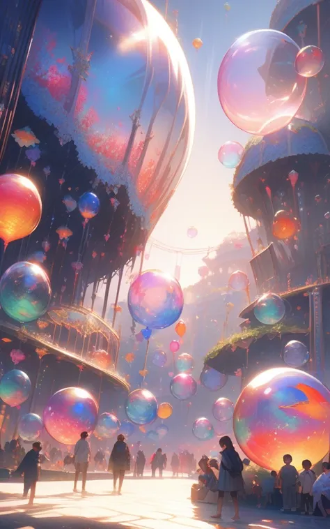 "Foam festival in the park"
prompt: "Hyper-detailed nano-textured bubble wands in 8K resolution, showcasing intricate filigree patterns and vibrant metallic colors. The scene features a diverse group of children and adults in a sunlit park, surrounded by t...