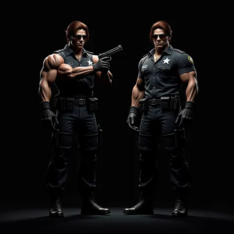  masterpiece, photorealistic, video game, horror, Ultra HD, 16 thousand., on the left side of the image on a black background there is a red highlighted, there stands a heavy, over-pumped, muscular fighter with Leon Kennedy with chestnut hair in an elegant...