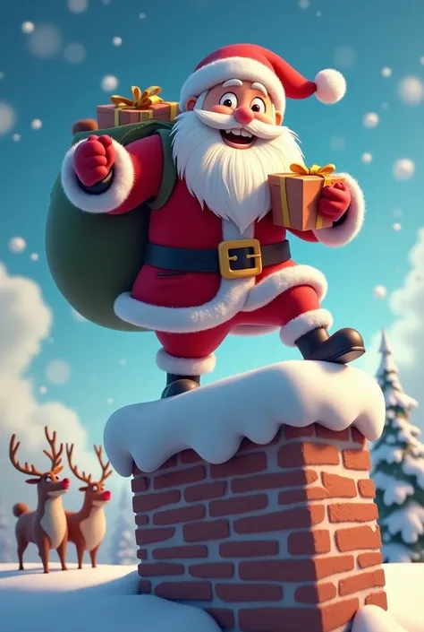 Cute Santa Claus standing on top of a chimney trying to get into the chimney、I&#39;m trying to deliver a gift、The reindeer are waiting on the roof、Santa has a fluffy white beard and a cheerful expression.、High quality 3D anime 8k