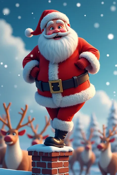 Cute Santa Claus standing on top of a chimney trying to get into the chimney、I&#39;m trying to deliver a gift、The reindeer are waiting on the roof、Santa has a fluffy white beard and a cheerful expression.、High quality 3D anime 8k