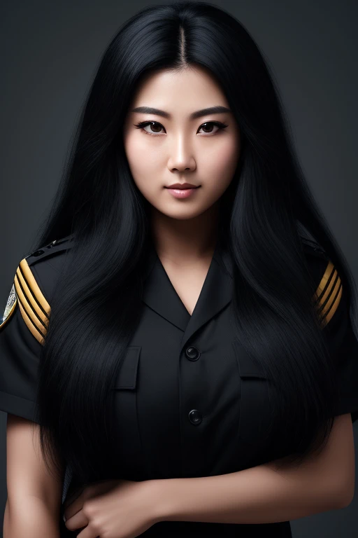 most very jet black hair , very long hair, very wolf hair,most very wolf cut hair,coarse hair, thick hair,fluffy hair,most very heavy-weight hairstyle,most very stiff hair,most very voluminous hair,female jail officer,black uniform,black pants,1 Japanese w...