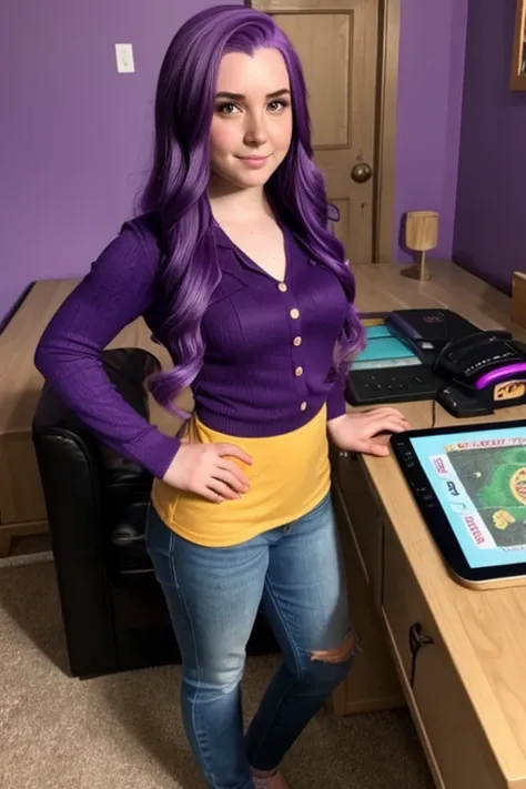 (Abigail from Stardew valley), (purple hair), (standing), bedroom, playing video games