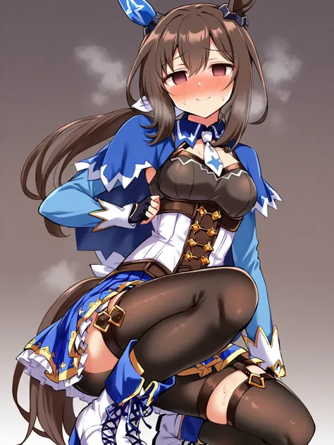 admire vega (umamusume),  admire vega (umamusume),(darkbrown hair),pretty face,(empty eyes),(smile),(furrowed eyebrows),full face blush,long hair,ponytail,long eyelashes,thick eyelashes,perky breasts,
1girl, solo,looking at viewer, simple background,anatom...