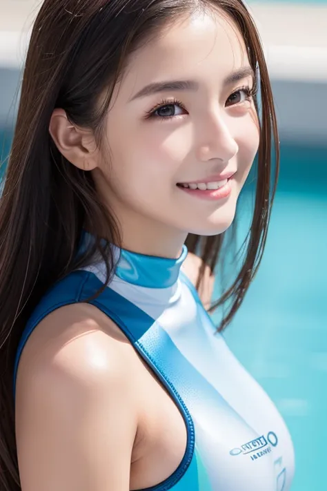 Best Quality,Face close-up、 ネイビーCompetitive swimming suits, Racing Swimwear, Competitive swimming suits, Hydro, Hydro suit, Shiny, Wet, Shiny, Water Drop, Outdoor, Standing posture,  Beautiful breasts, Large Breasts, Super detailed, High resolution, One Wo...