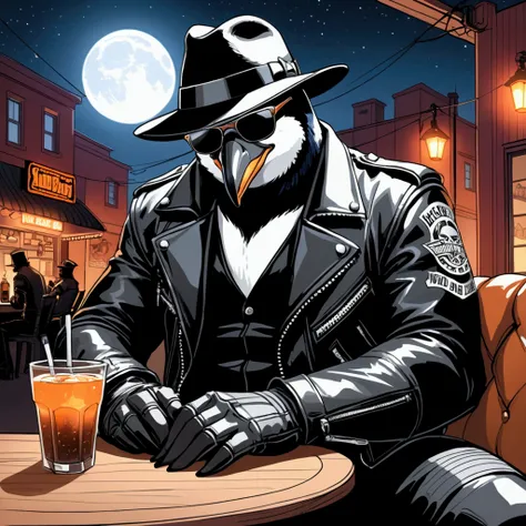 Cartoon of an extremely badass penguin wearing an insanely cool black leather Harley Davidson biker jacket open, black fedora, black leather biker gloves, black leather biker pants, black sunglasses, sitting at a table with a glass of sweet tea in a biker ...