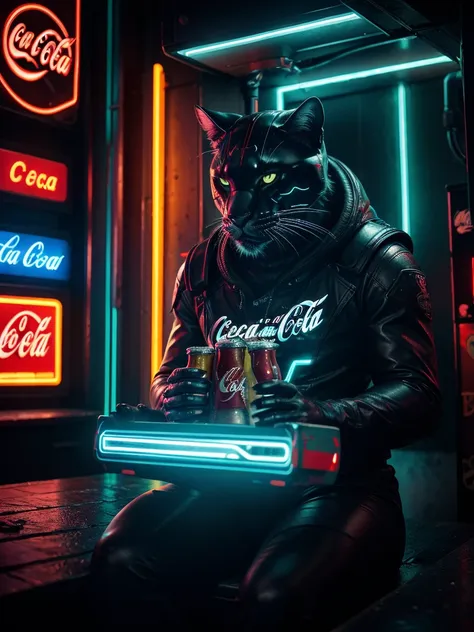 a close-up picture of a big cat with coca-cola and pizza in the futuristic cyberpunk neon tron world, cyberpunk city landscape, ...