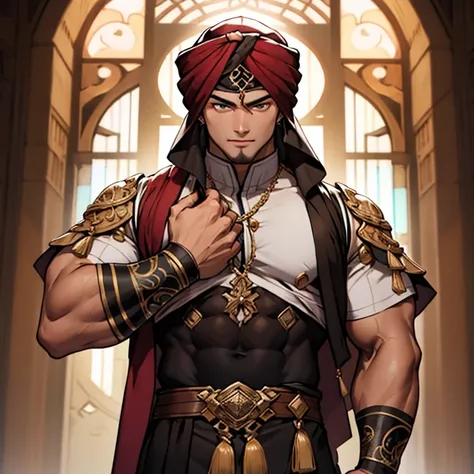 One man, Arabic features , wearing an ornate dress , brown turban , His hand is made of white light , Hazel eyes , Strong body , muscular
