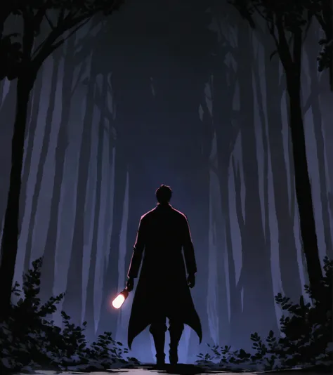 Ajay Setting Off Alone: Ajay walking through a dark path with a flashlight in hand, his figure silhouetted against the night sky. The dense forest surrounds him, and his expression is resolute yet cautious.
