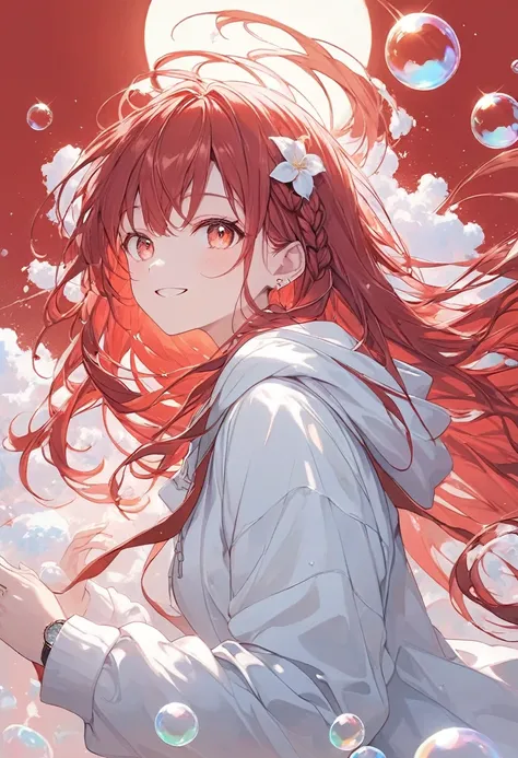 A smiling woman,pastel,smile,happiness,Red base,Red eyes,Shining Eyes,Red Hair,Long Hair,Braided on the side,A worn-out red coat,White hoodie,Black Skirt,The background glows red,pale,White Foam,Lots of soap bubbles,Backlight,A masterpiece held in both han...