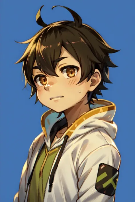 anime boy with brown eyes and a white jacket with a hoodie, makoto shinkai ( apex legends ), anime moe artstyle, anime boy, anim...