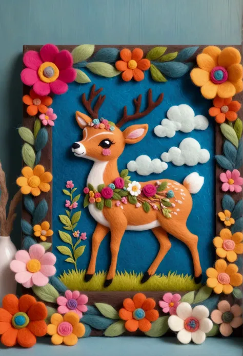 a beautifully framed felt painting is placed on the table：close-up of a deer wearing a wreath of flowers and decorations, beauti...