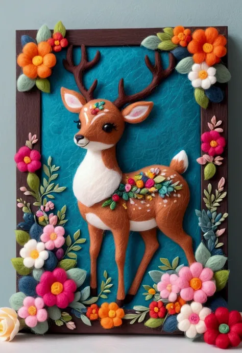 A beautifully framed felt painting is placed on the table：Close-up of a deer wearing a wreath of flowers and decorations, Beautiful wooden photo frame， Added details, needle felt art, Detailed plush toy, illustration!, Anthropomorphic deer, Wool Felt Art, ...