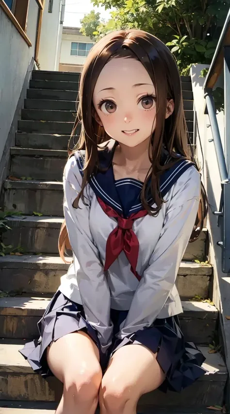 Sitting on stairs, wearing sailor uniform, takagi san, karakai jouzu no takagi san, forehead, long hair, brown hair and eyes, detailed beautiful eyes and hair