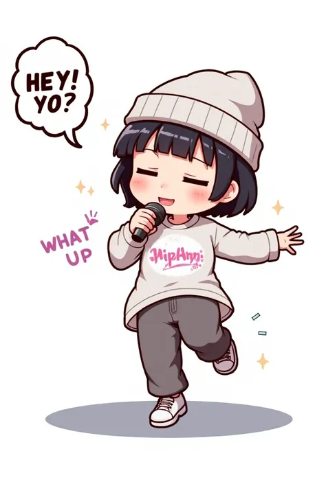 speech bubble saying "HEY! YO! Whats up?", cute chibi girl, dancing and rapping with microphone, wearing knit cap, loose jumper, loose T-shirt, baggy pants, Hip Hop fashion, colorful effects, kawaii, dynamic and delicate depiction