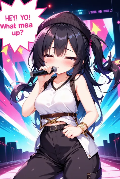 speech bubble saying "HEY! YO! Whats up?", cute chibi girl, dancing and rapping with microphone, wearing knit cap, loose jumper, loose T-shirt, baggy pants, Hip Hop fashion, colorful effects, kawaii, dynamic and delicate depiction