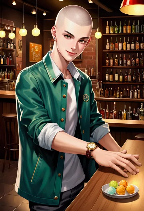 realistic fully body tall professional teenage smile dimple sweet boy face is circle shaped and standing and wearing is shirt collar and holding hand with coat and hair style is double knot buzz cut is white half goldl.His hand out of knee.His going to a b...