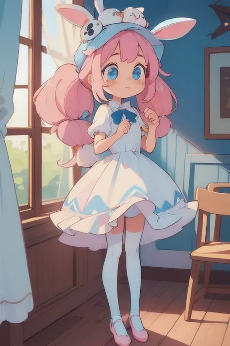 (masterpiece, best quality), 1girl, blue and white frill dress, (white stockings), pink hair, cute face, standing, indoor, intricate detail, sunlight, two ponytails in hair, cute bunny hat, blue eyes, 