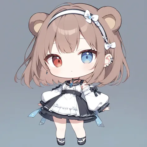 (((anime))),Pastel One Woman,Chibi,Bear animal ears,whole body,Gal,Long Hair,(Brown Hair),Hairband Piercing,necklace,Orange,Look here,Heterochromia iridis,(Red eyes),blue eyes,Big eyes One shoulder dress,Volume sleeves,(black),blackいミニスカート,Simple Backgroun...