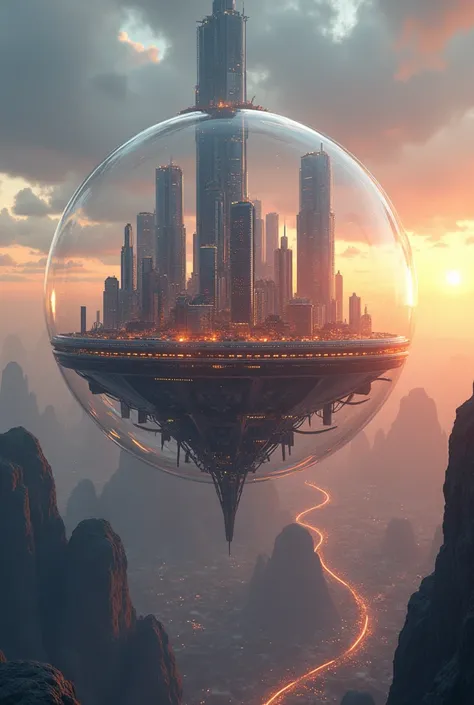 A futuristic city suspended in mid-air, enclosed within giant transparent bubbles, with reflections of bright lights and tall skyscrapers visible through the bubbles surface. The atmosphere is peaceful with a sunset sky.