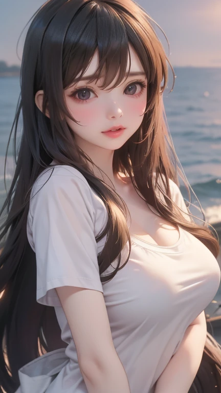 best quality,4K,【8k,High resolution,masterpiece:1.2,Very detailed,tired girl,length, flowing black hair,Exquisite features,Thinking Eyes,white skin,Happy emoticon,Very good atmosphere、wearing a t-shirt、romantic atmosphere、Moonlit night and sea in the backg...