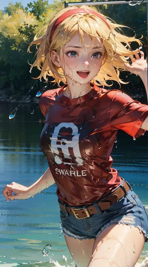 1girl, SatoCasual, blonde hair, red eyes, hairband, pink shirt, white belt, denim shorts, Satornd, blonde hair, red eyes, hairband, violet eyes, 
detailed face, smooth skin, shiny skin, kawaii, 
BREAK 
(dynamic angle:1.5), 
smile, open mouth, fang, (wet cl...