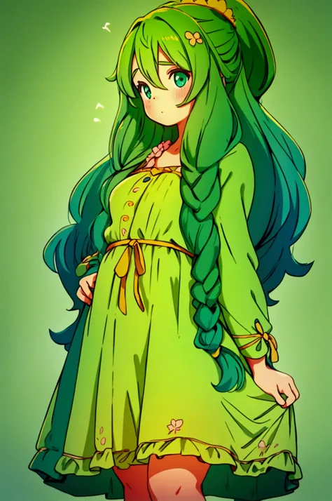 a girl, mid long thick hair , a nice pastel green dress