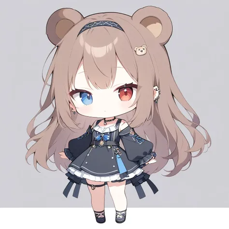 (((anime))),Pastel One Woman,Chibi,Bear animal ears,whole body,Gal,Long Hair,(Brown Hair),Hairband Piercing,necklace,Orange,Look here,Heterochromia iridis,(Red eyes),blue eyes,Big eyes One shoulder dress,Volume sleeves,(black),blackいミニスカート,Simple Backgroun...