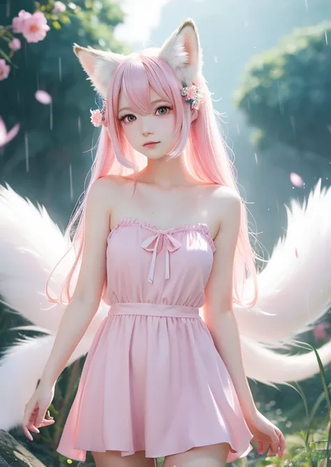 9 pure white fox tails (1.0), Milk white fox tail (1.0), キツネのKyubiのクローズ アップ, Kyubi, Kyubi, Anime girl with pink hair and a pink dress with flowers, very Beautiful anime fox girl, Beautiful anime fox girl, Beautiful fantasy anime, Gwaiz, Anime girl with fox...