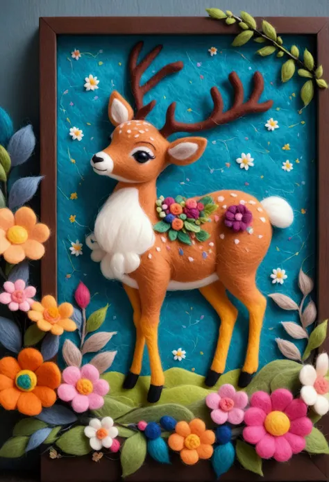 a beautifully framed felt painting is placed on the table：close-up of a deer wearing a wreath of flowers and decorations, beauti...