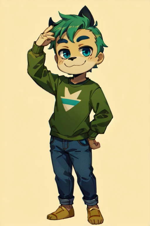 drawing of a boy with a green shirt and blue jeans, full body portrait of a short!, single character full body, !!full body port...