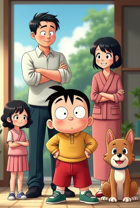 Create a realistic and beautifully detailed image of Shin-chan with his family. The family includes his father, mother, sister, and their pet dog. Each character should be depicted with lifelike textures and shading, maintaining their distinct features: th...