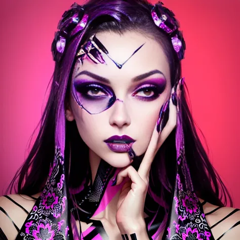 woman with pink manicure and purple nails holds hands raised to face, creative makeup, Hands on face, pop art look, sexy face with full makeup, Intricate patterned makeup, scary look, the face melts, complex makeup, hand instead of face, fantastic full fac...