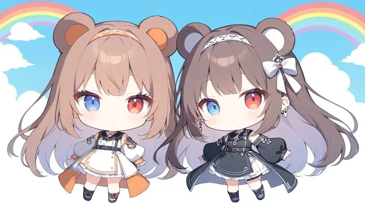 (((anime))),Pastel One Woman,Chibi,Bear animal ears,whole body,Gal,Long Hair,(Brown Hair),Hairband Piercing,necklace,Orange,Look at the sky,Heterochromia iridis,(Red eyes),blue eyes,Big eyes One shoulder dress,Volume sleeves,(black),blackいミニスカート,Rainbow Ba...