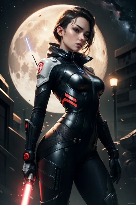 a woman in a futuristic suit holding a light saber in her hand and a full moon in the background, Cedric Peyravernay, stanley artgerm lau, cyberpunk art, space art