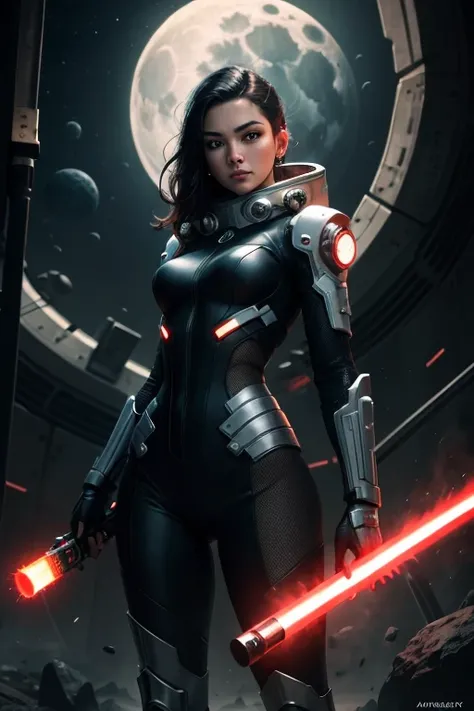 a woman in a futuristic suit holding a light saber in her hand and a full moon in the background, Cedric Peyravernay, stanley artgerm lau, cyberpunk art, space art