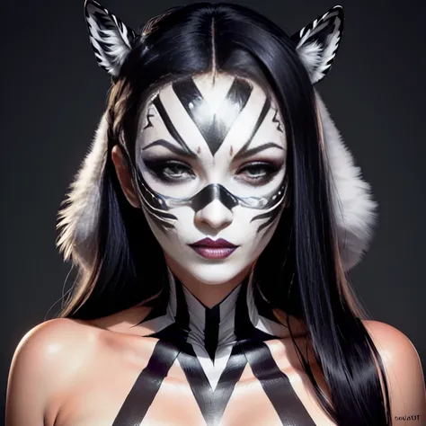 close up of woman with face, painted like a zebra, creative makeup, stripe above the eye, scary look, complex makeup, the face melts, Complex face, Intricate patterned makeup, half faces, detailed dress and face, sexy face with full makeup, face in a mask,...