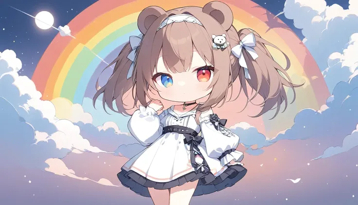 (((anime))),Pastel One Woman,Chibi,Bear animal ears,whole body,Gal,Long Hair,(Brown Hair),Hairband Piercing,necklace,Orange,Look at the sky,Heterochromia iridis,(Red eyes),blue eyes,Big eyes One shoulder dress,Volume sleeves,(black),blackいミニスカート,Rainbow Ba...