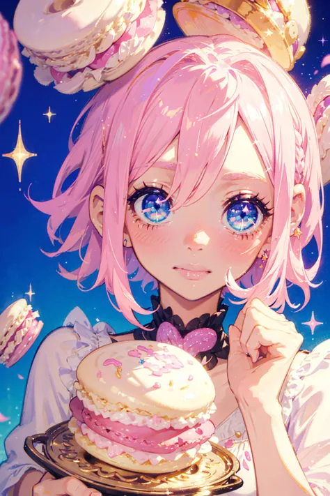 1girl,solo,cute,(((pink short hair,blue eyes))),she has her tongue sticking out,eat a macaron,
Her cream and sprinkles are violet colored,around the macaron,
SPARKLE; GLITTER