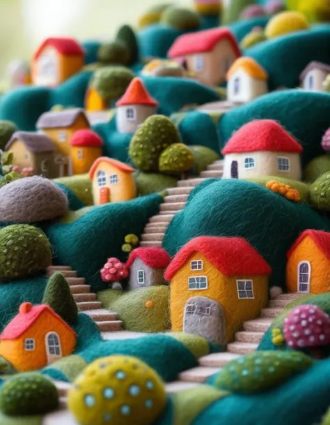 Very strong felt style. Micro Landscape， Lovely house，Rich colors