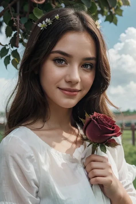 mksks, masterpiece, best quality, illustration, close, simple, face focus, smile, Colorful, flowers, green sky, cloudy sky, Girl with beautiful eyes, with a rose in hand