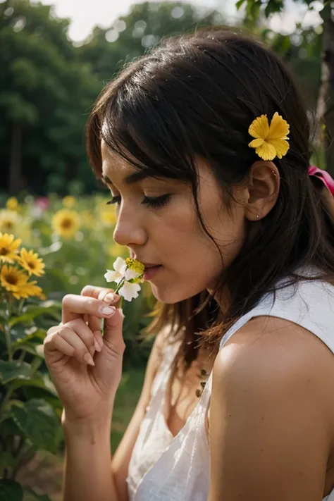 sniffs a flower