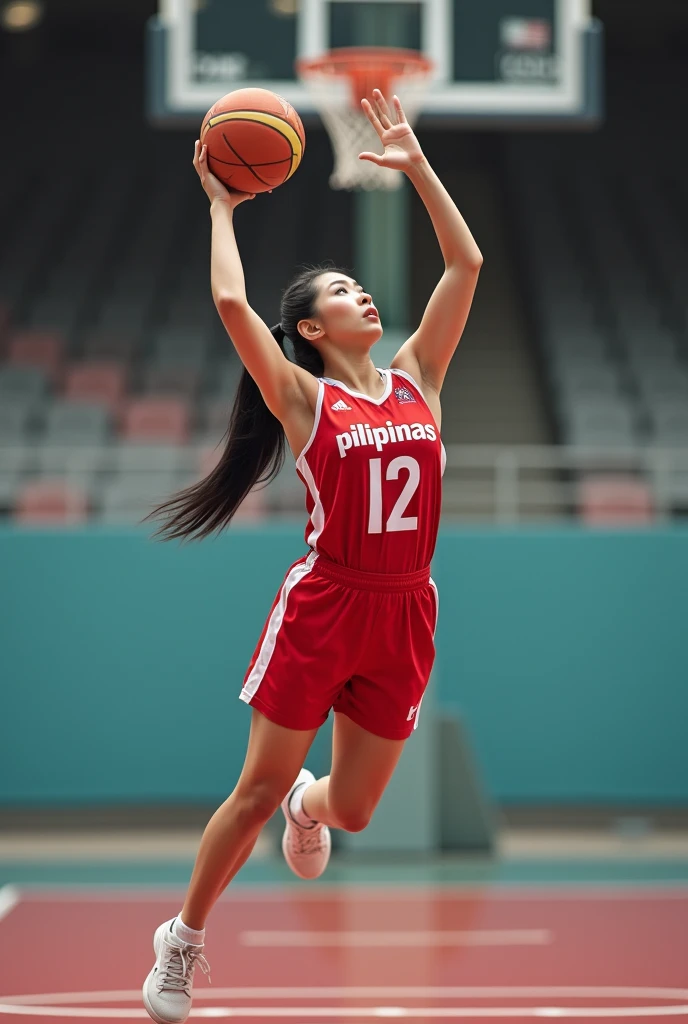 A photography  real image of beautiful Asian Woman, 26x24x38 body size, 130kg weight, long shiny black hair in a ponytail on up,wearing red with white basketball ball terno jersey, with name "GILAS,PILIPINAS","12",clear name,clear image,front,white skin,sm...