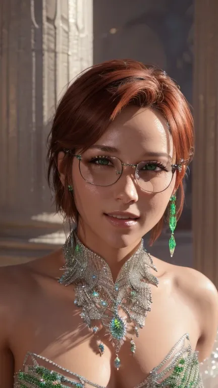 portrait, close-up, upper body. Short, red hair, green eyes, glasses with metal frames, green strapless dress with crystal, joyful smile, cheerful girl . (masterpiece, top quality, best quality, official art, beautiful and aesthetically pleasing:1.2), extr...