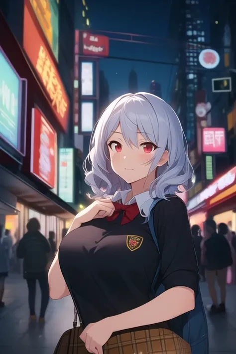 best quality, ultra-detailed, extremely detailed C, anime, 1 girl, solo, solo focus, short hair, silver hair, wavy hair, red eyes, tsurime, POV, dutch angle, half closed eyes, large breasts, determined, standing, In the city, blurry background, street styl...