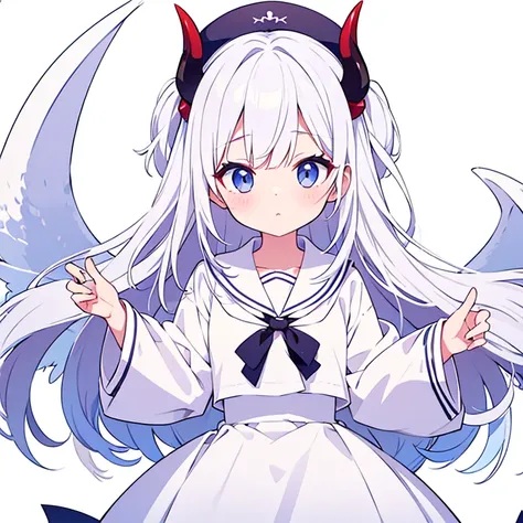 Pure white background、devil、Long white hair、Sailor&#39;White uniform