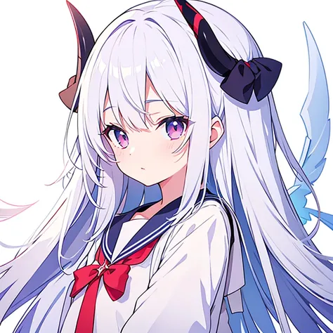 whispering、pure white background、devil、long white hair、sailor&#39;white uniform