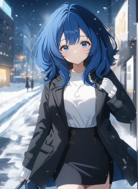 Score_9, Score_8_up, Score_7_up, source_anime, annayanami, annayanami, medium hair, blue eyes, blue hair, medium breasts, black winter coat, white t-shirt, pencil skirt, boots, cold, winter, city, refreshing smile, snow, alone, solo, cowboy shot,