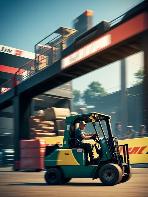 Forklift and old man
 , ( soft focus , Shallow focus , soft light) , bold action , (tail slide blur), in a Drag racing course , with Racing cars