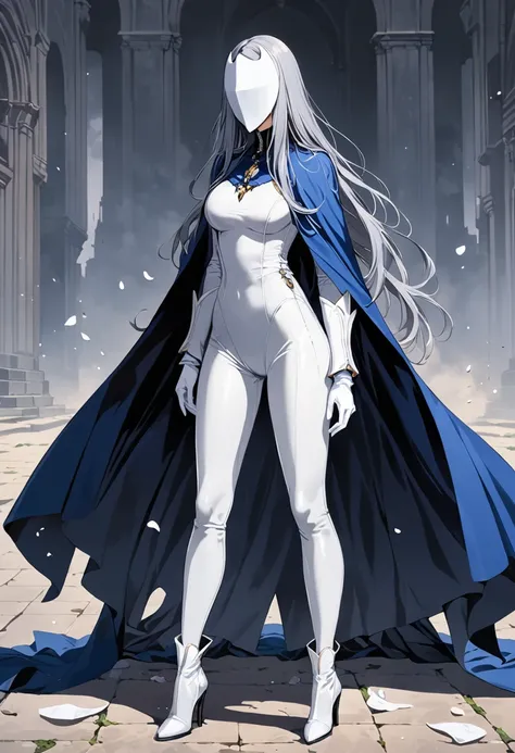 , 1girl, solo, grey full bodysuit, long blue cape, cape touches on ground, white gloves, pants covered boots, black heel boots, grey hair, long hair, white mask covered faces, masterpiece, best quality, standing 